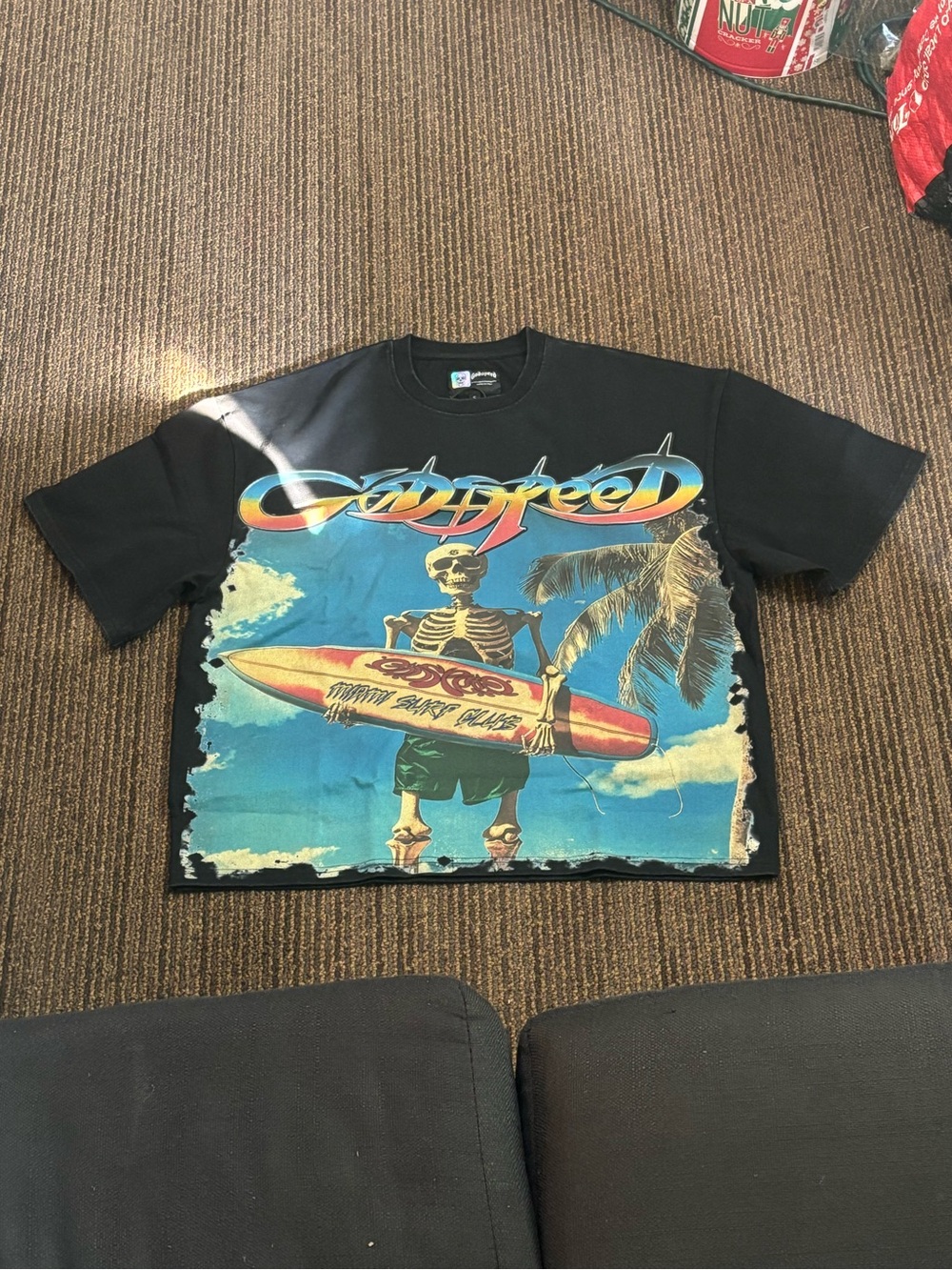 Sadbreed Graphic Short Sleeve Tee - Black with Blue Surf Print GODSPEED